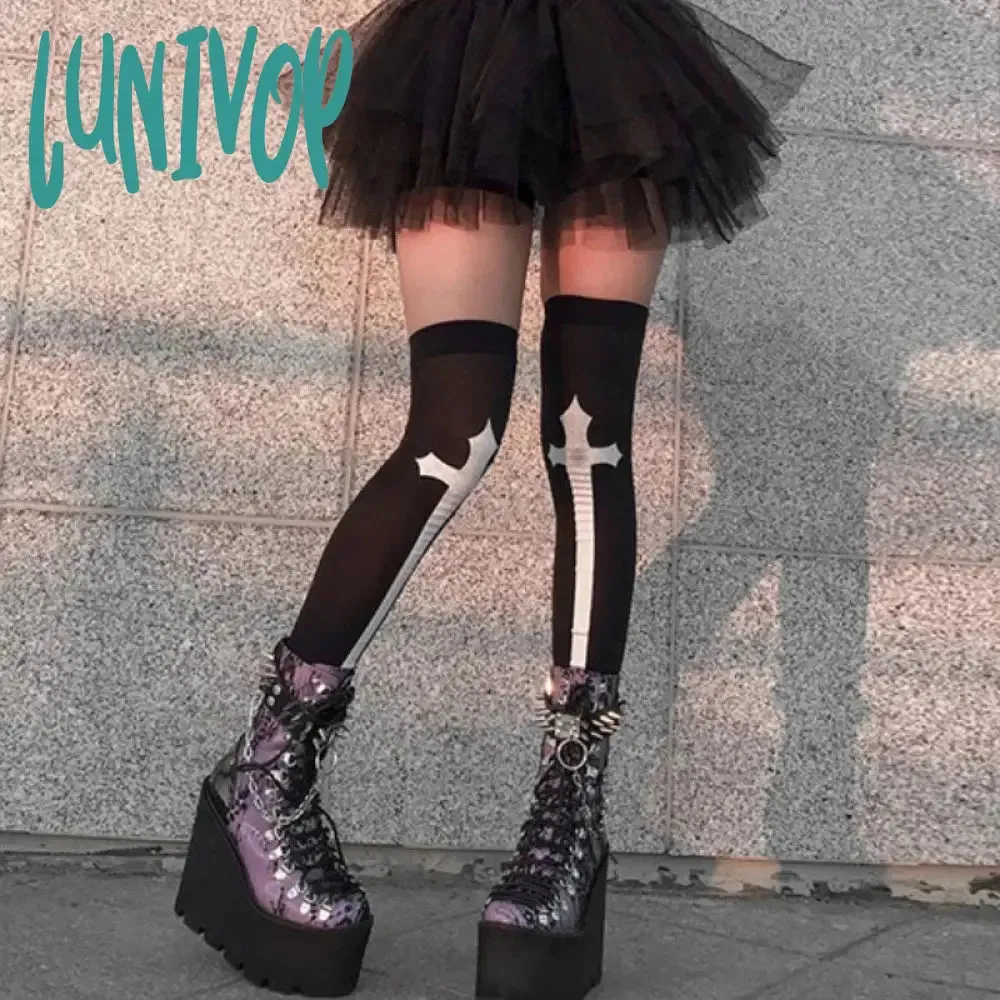Lunivop Cross Stockings Cosplay Black Women Punk Harajuku Dark Gothic Y2K Festival Party Hosiery Long Socks Knee Lolita Girls High Socks