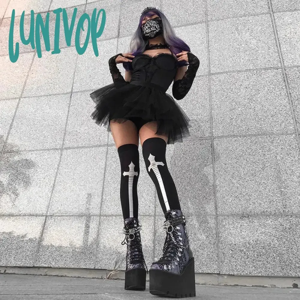 Lunivop Cross Stockings Cosplay Black Women Punk Harajuku Dark Gothic Y2K Festival Party Hosiery Long Socks Knee Lolita Girls High Socks