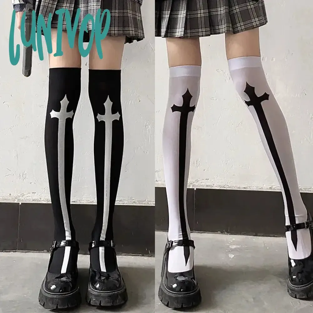 Lunivop Cross Stockings Cosplay Black Women Punk Harajuku Dark Gothic Y2K Festival Party Hosiery Long Socks Knee Lolita Girls High Socks