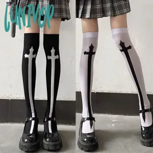 Lunivop Cross Stockings Cosplay Black Women Punk Harajuku Dark Gothic Y2K Festival Party Hosiery Long Socks Knee Lolita Girls High Socks