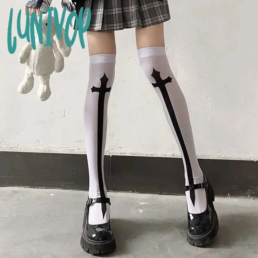 Lunivop Cross Stockings Cosplay Black Women Punk Harajuku Dark Gothic Y2K Festival Party Hosiery Long Socks Knee Lolita Girls High Socks