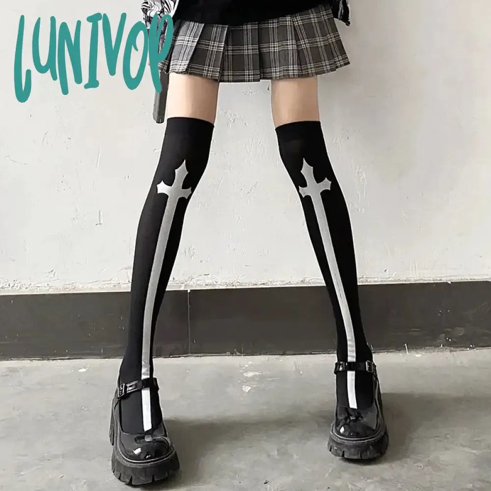 Lunivop Cross Stockings Cosplay Black Women Punk Harajuku Dark Gothic Y2K Festival Party Hosiery Long Socks Knee Lolita Girls High Socks