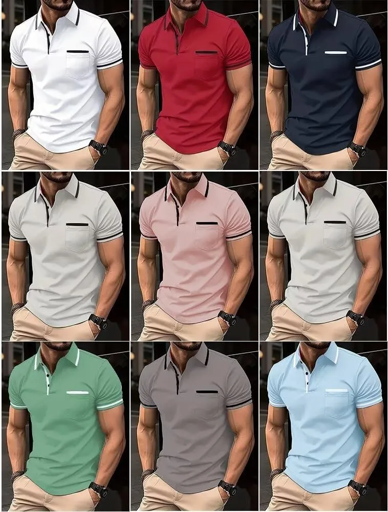 Men's Polo Shirts Short Sleeve 2025 Casual Polo T Shirt Color Block Slim Fit Golf Shirts with Pocket
