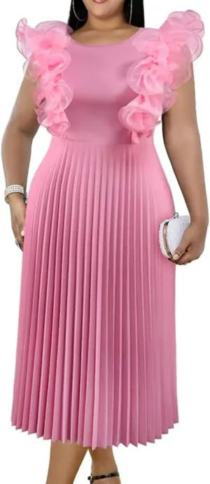 ONTINVA Women's Crew Neck Pleated A-line Dress Ruffled Sleeveless Casual Maxi Dresses Party Wedding Guest Long Flowy