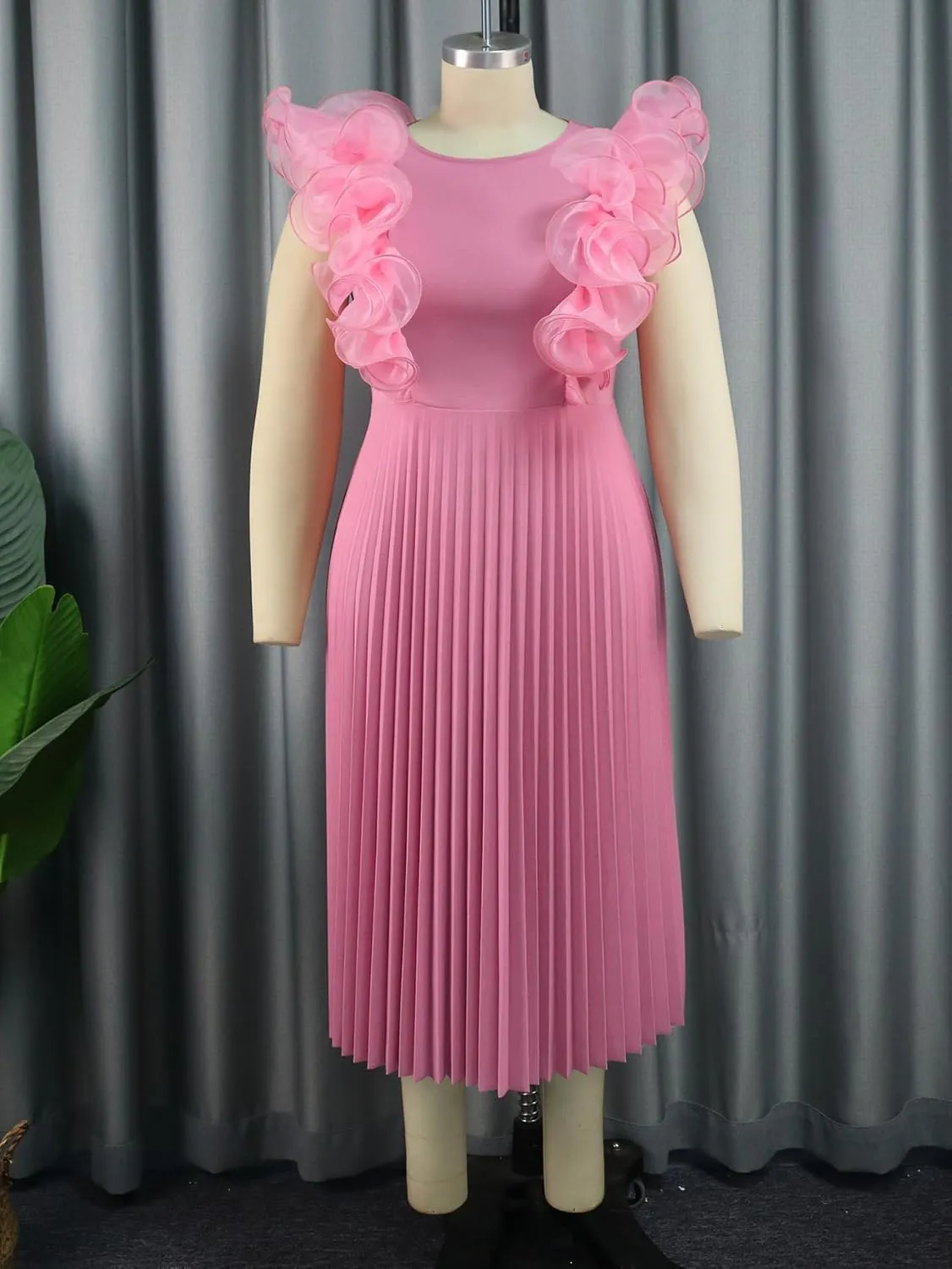 ONTINVA Women's Crew Neck Pleated A-line Dress Ruffled Sleeveless Casual Maxi Dresses Party Wedding Guest Long Flowy