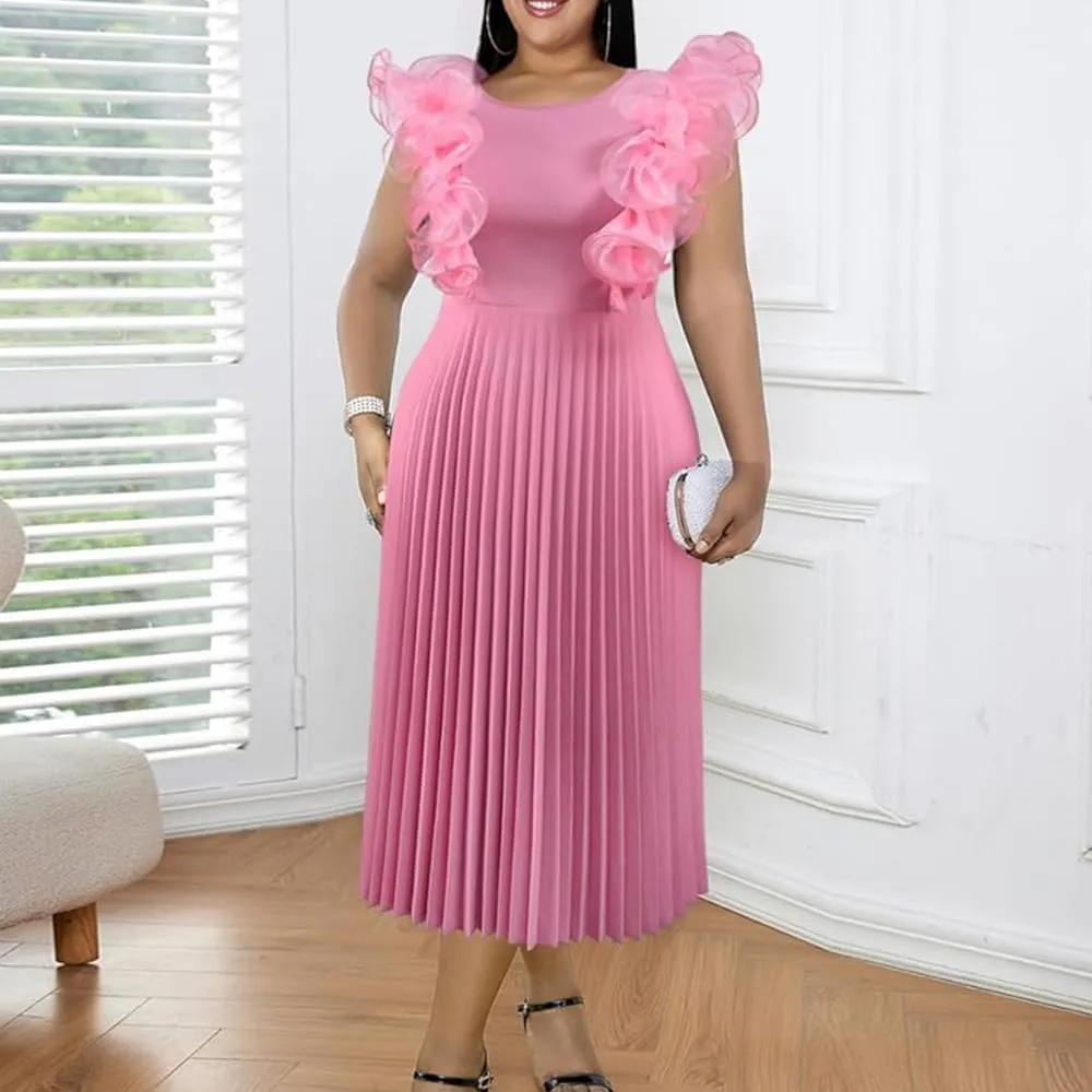 ONTINVA Women's Crew Neck Pleated A-line Dress Ruffled Sleeveless Casual Maxi Dresses Party Wedding Guest Long Flowy