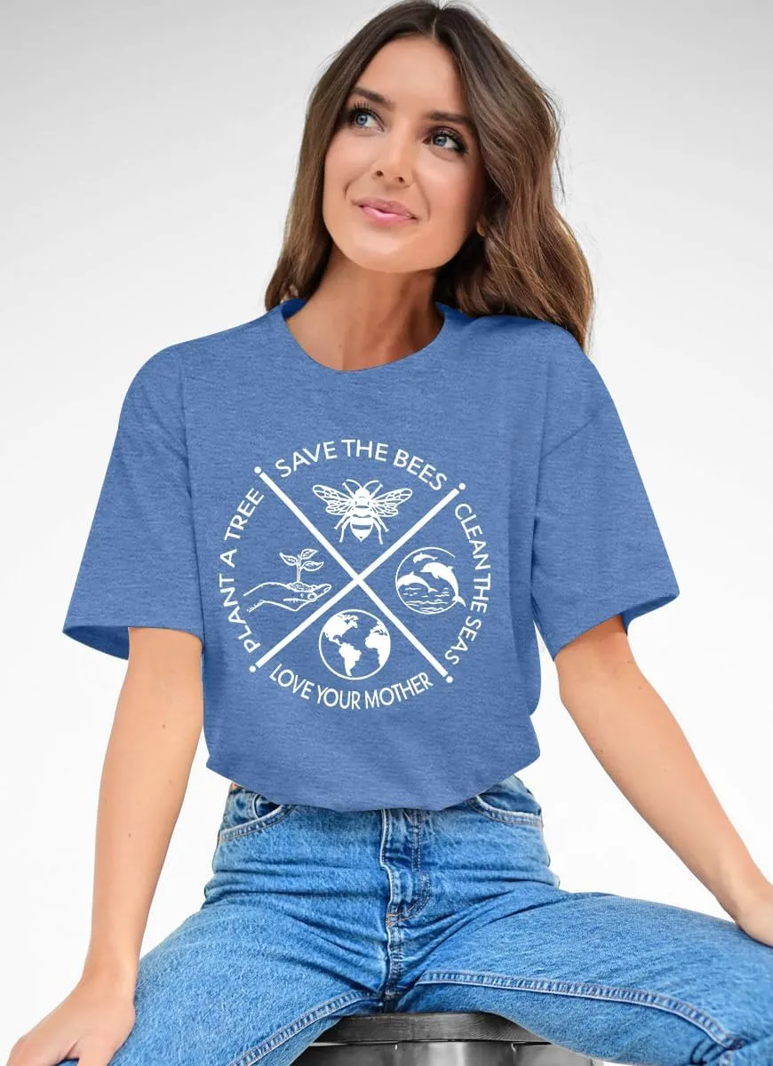 PECHAR Earth Day Shirts for Women : Protect The Environment T-Shirts Bees Graphic Short Sleeve Blouse Tops