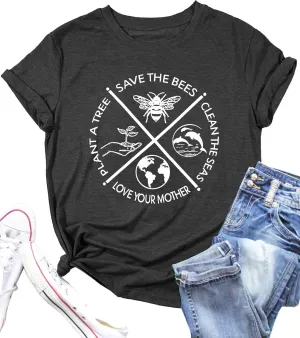 PECHAR Earth Day Shirts for Women : Protect The Environment T-Shirts Bees Graphic Short Sleeve Blouse Tops