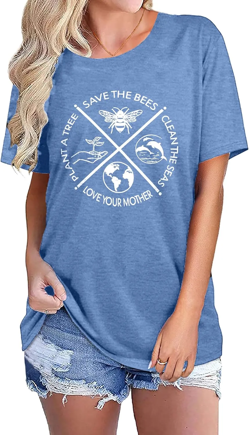 PECHAR Earth Day Shirts for Women : Protect The Environment T-Shirts Bees Graphic Short Sleeve Blouse Tops