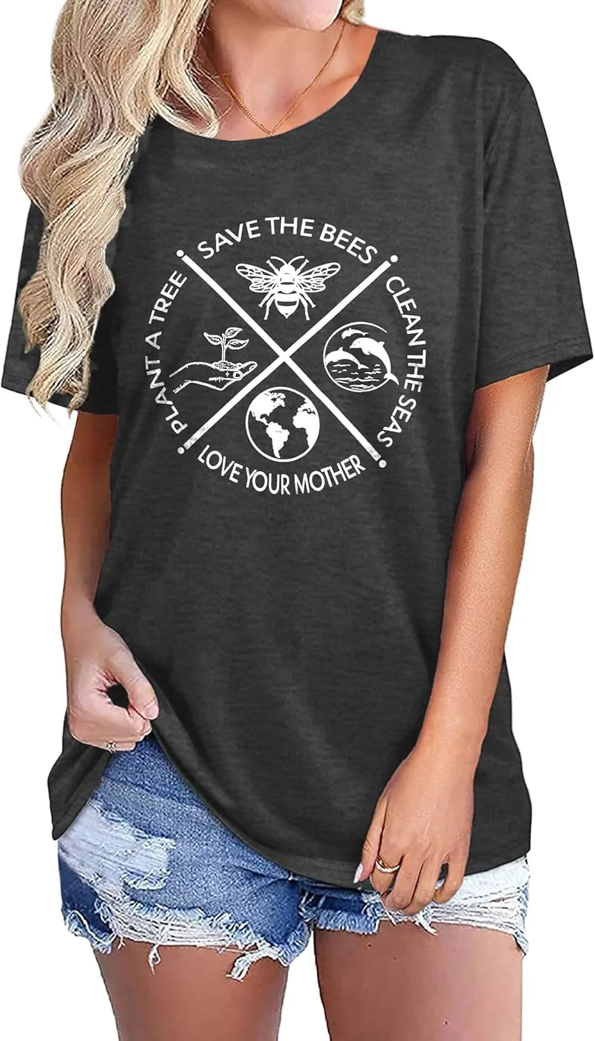 PECHAR Earth Day Shirts for Women : Protect The Environment T-Shirts Bees Graphic Short Sleeve Blouse Tops