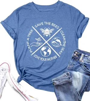 PECHAR Earth Day Shirts for Women : Protect The Environment T-Shirts Bees Graphic Short Sleeve Blouse Tops