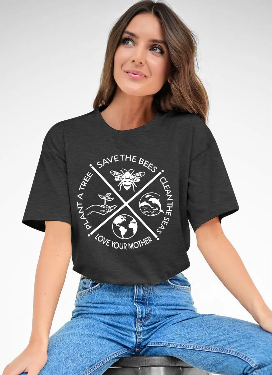 PECHAR Earth Day Shirts for Women : Protect The Environment T-Shirts Bees Graphic Short Sleeve Blouse Tops