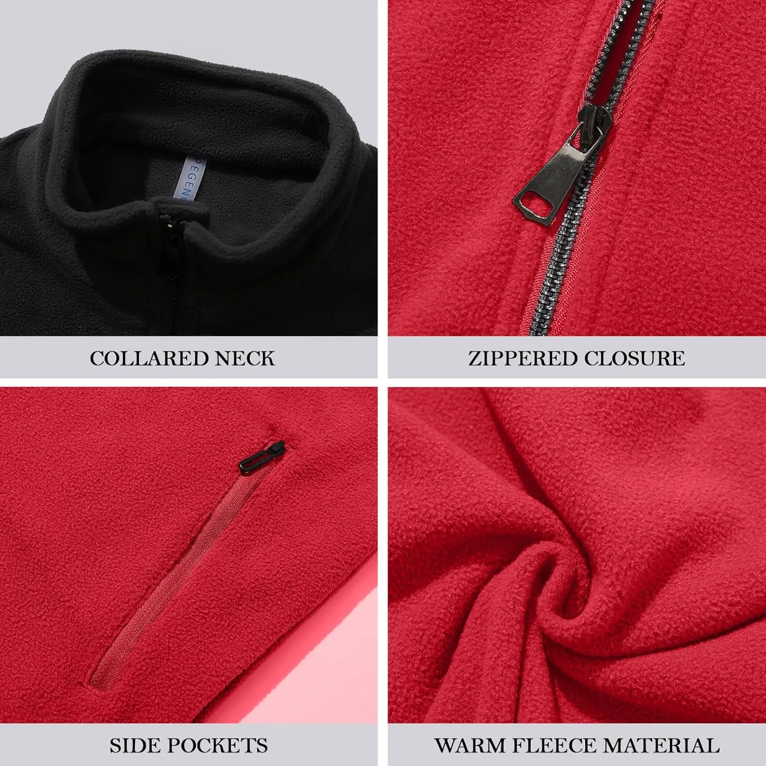 PEGENO Men's Fleece Jacket Classic Full Zip Stand Collar Lightweight Casual Soft Warm Coats With Zipper Pocket