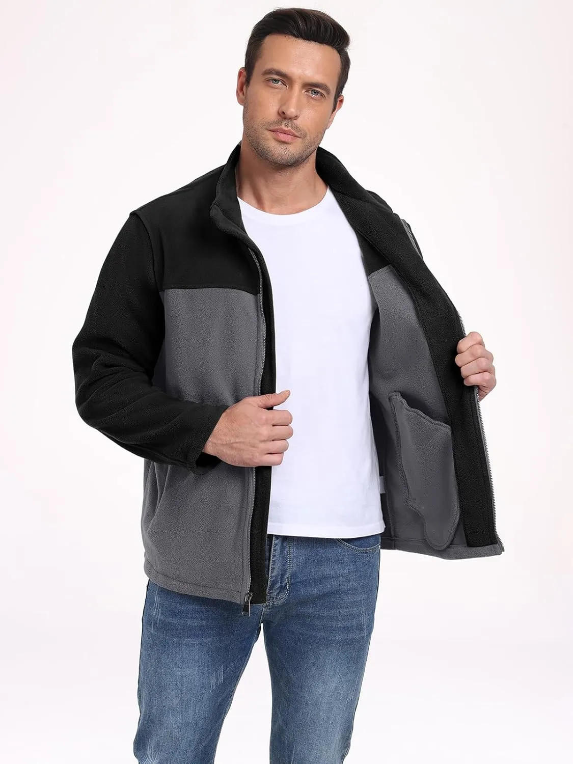 PEGENO Men's Fleece Jacket Classic Full Zip Stand Collar Lightweight Casual Soft Warm Coats With Zipper Pocket