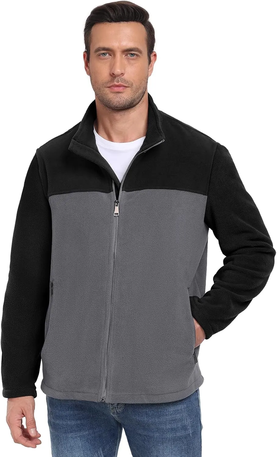 PEGENO Men's Fleece Jacket Classic Full Zip Stand Collar Lightweight Casual Soft Warm Coats With Zipper Pocket
