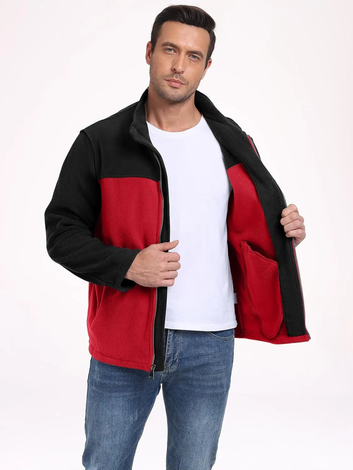 PEGENO Men's Fleece Jacket Classic Full Zip Stand Collar Lightweight Casual Soft Warm Coats With Zipper Pocket