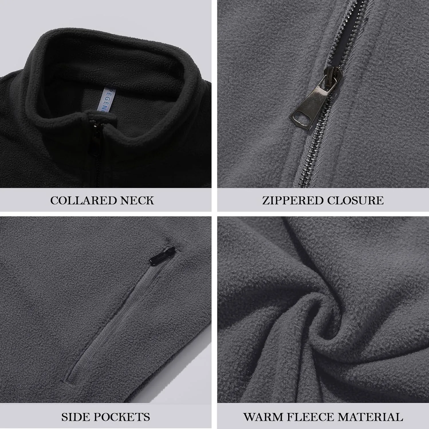 PEGENO Men's Fleece Jacket Classic Full Zip Stand Collar Lightweight Casual Soft Warm Coats With Zipper Pocket