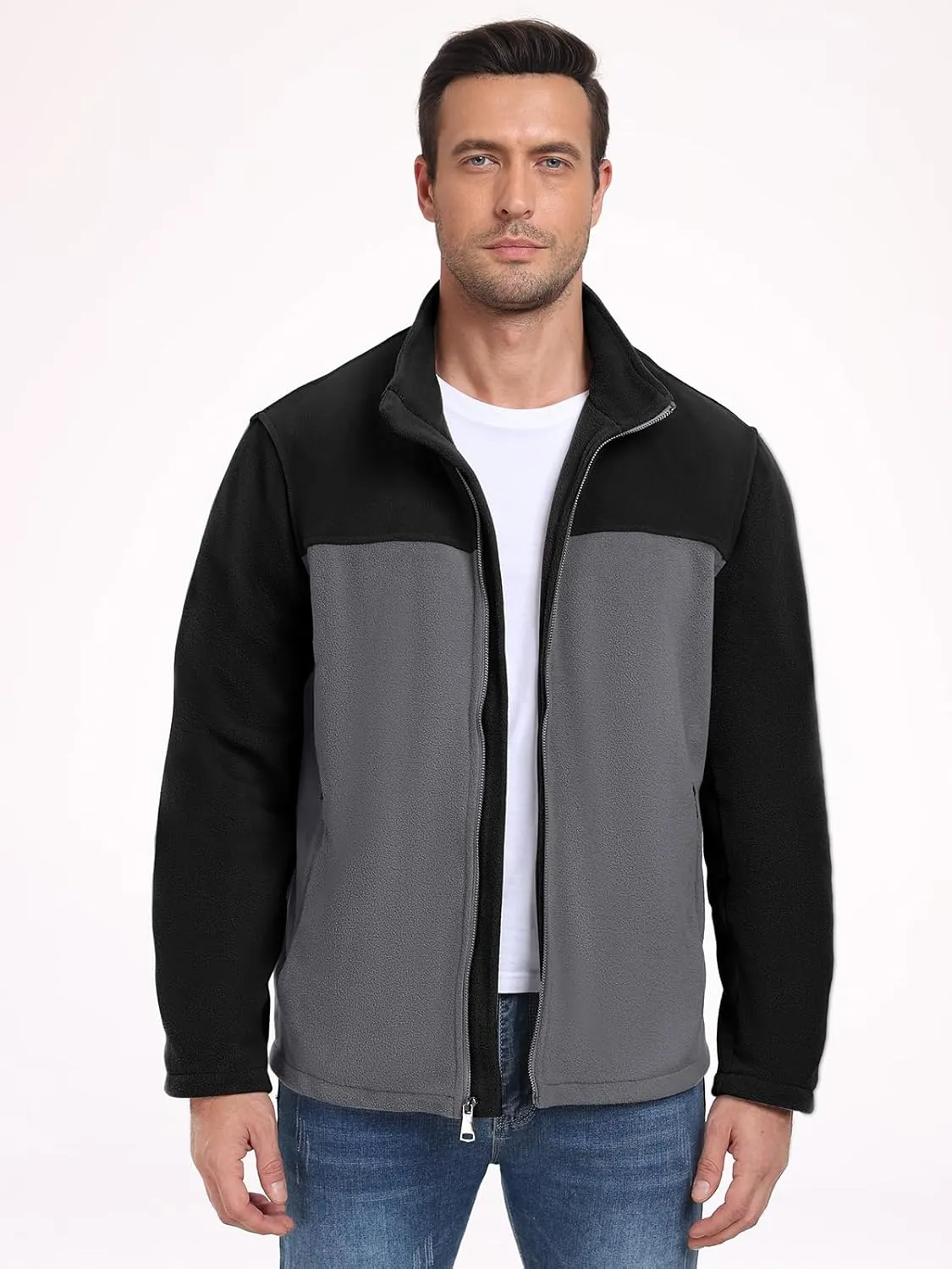 PEGENO Men's Fleece Jacket Classic Full Zip Stand Collar Lightweight Casual Soft Warm Coats With Zipper Pocket