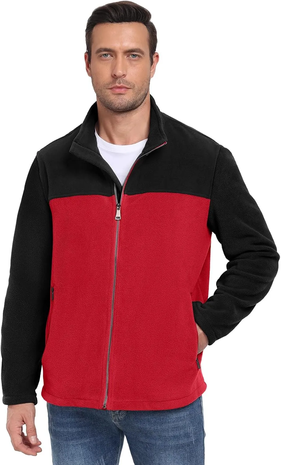 PEGENO Men's Fleece Jacket Classic Full Zip Stand Collar Lightweight Casual Soft Warm Coats With Zipper Pocket