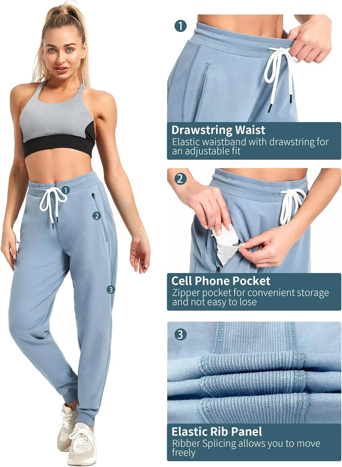 PULI Women Workout Sweatpants Cotton Jogger Ribber Splicing Lounge Sweat Pants with Zipper Pocket