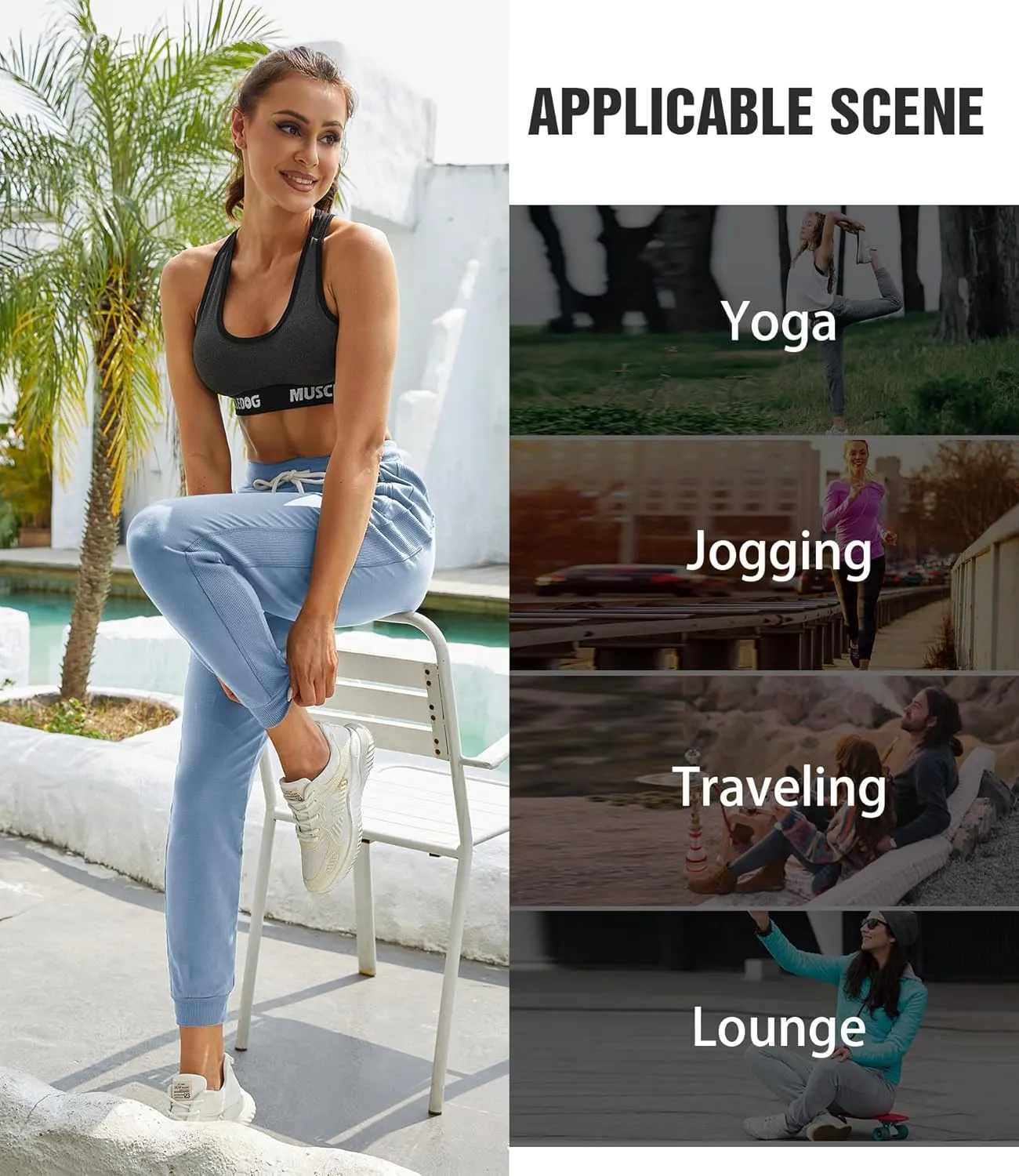 PULI Women Workout Sweatpants Cotton Jogger Ribber Splicing Lounge Sweat Pants with Zipper Pocket