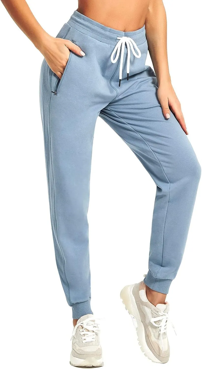 PULI Women Workout Sweatpants Cotton Jogger Ribber Splicing Lounge Sweat Pants with Zipper Pocket
