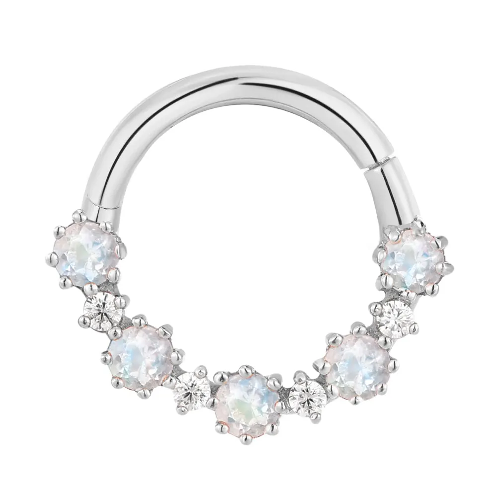 "Ariana" Hinge Ring / Clicker in Gold with Rainbow Moonstone & CZ's