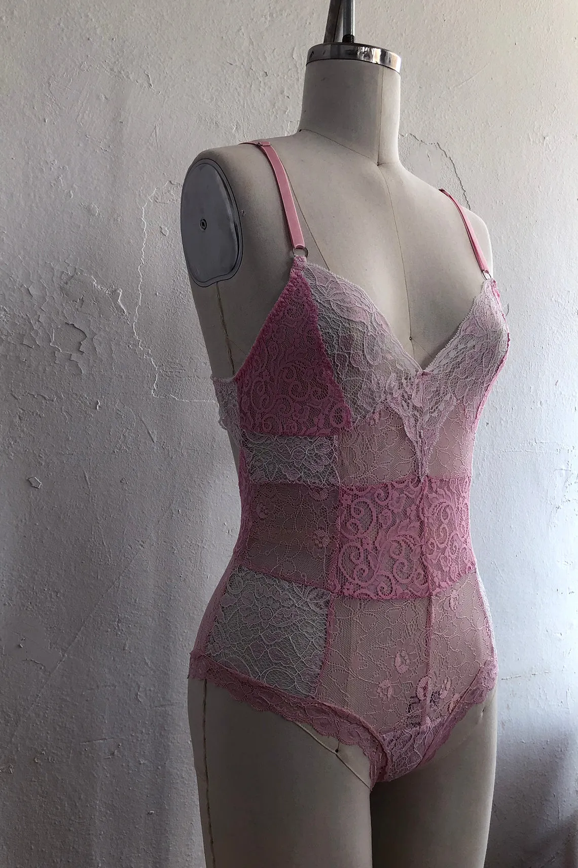 READY TO SHIP Entwine Patchwork Lace Bodysuit in Pink (1L/1XL)