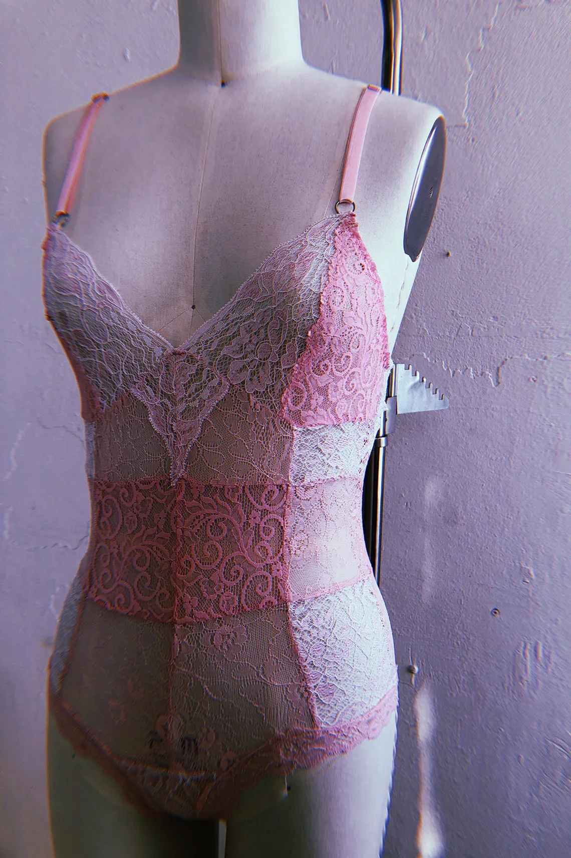 READY TO SHIP Entwine Patchwork Lace Bodysuit in Pink (1L/1XL)