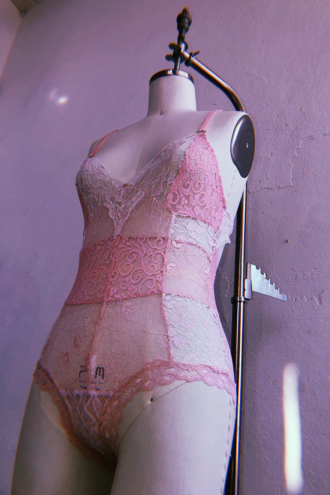 READY TO SHIP Entwine Patchwork Lace Bodysuit in Pink (1L/1XL)
