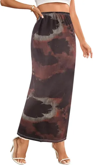 Segreto Women's Boho Maxi Bodycon Wrap Print Skirts Casual Elastic High Waist Long Pencil Skirt Stretchy Slim Fit Split Dress