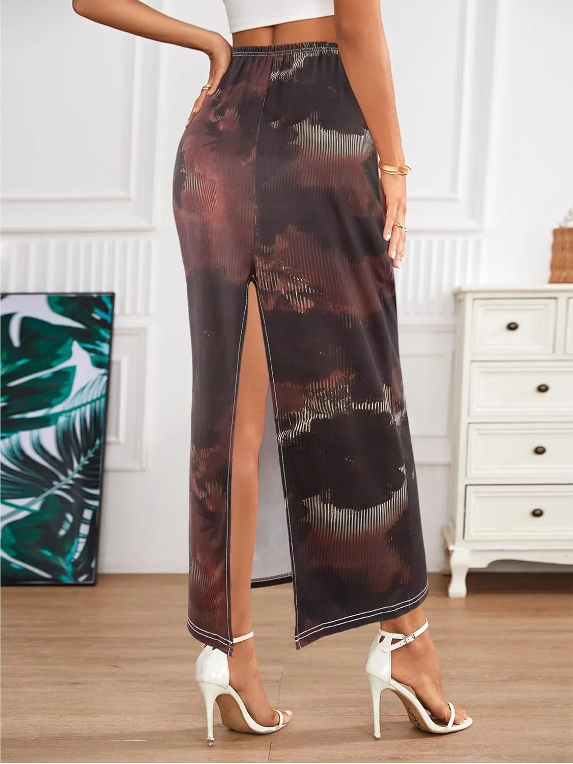 Segreto Women's Boho Maxi Bodycon Wrap Print Skirts Casual Elastic High Waist Long Pencil Skirt Stretchy Slim Fit Split Dress