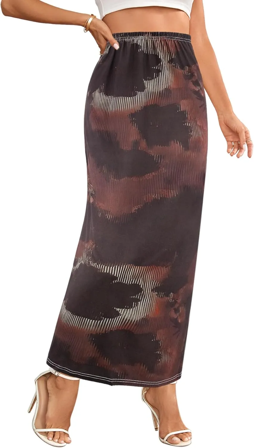 Segreto Women's Boho Maxi Bodycon Wrap Print Skirts Casual Elastic High Waist Long Pencil Skirt Stretchy Slim Fit Split Dress