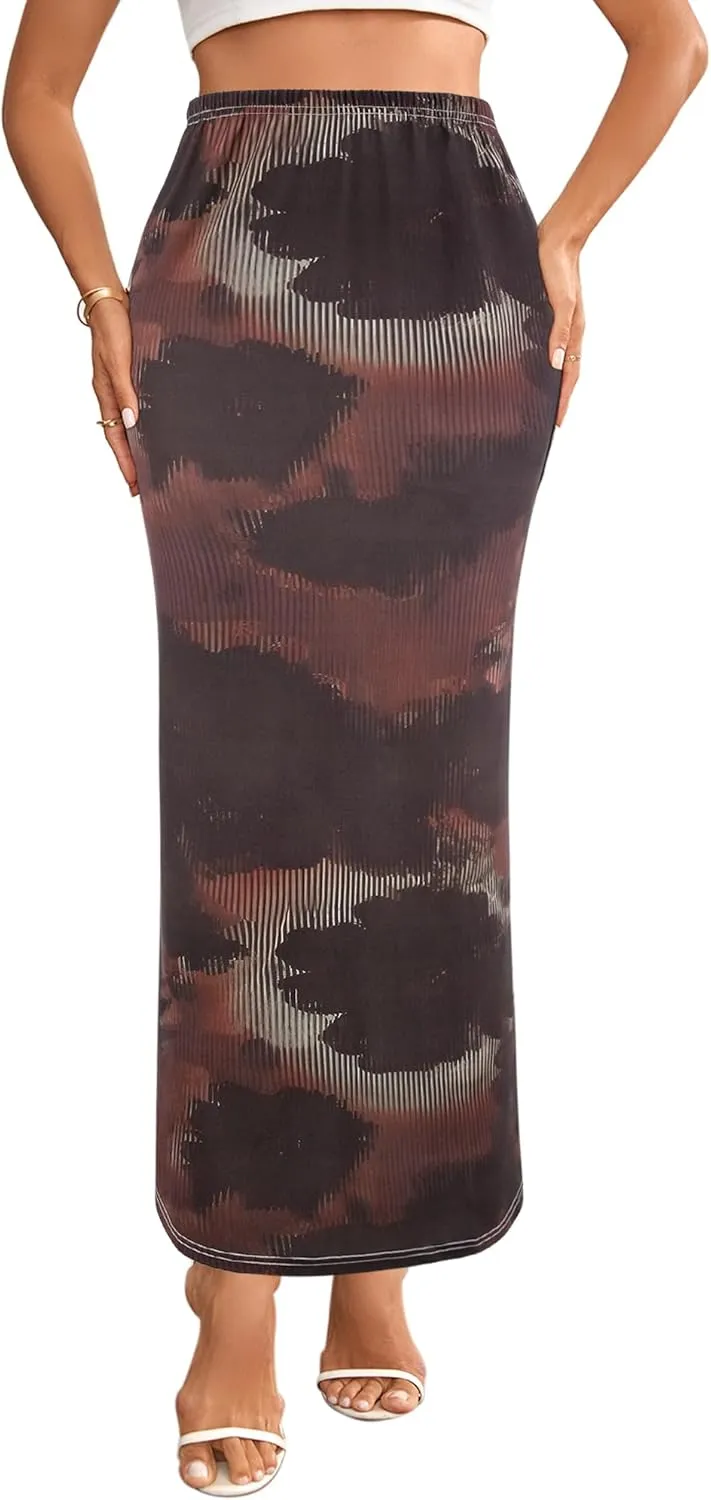 Segreto Women's Boho Maxi Bodycon Wrap Print Skirts Casual Elastic High Waist Long Pencil Skirt Stretchy Slim Fit Split Dress