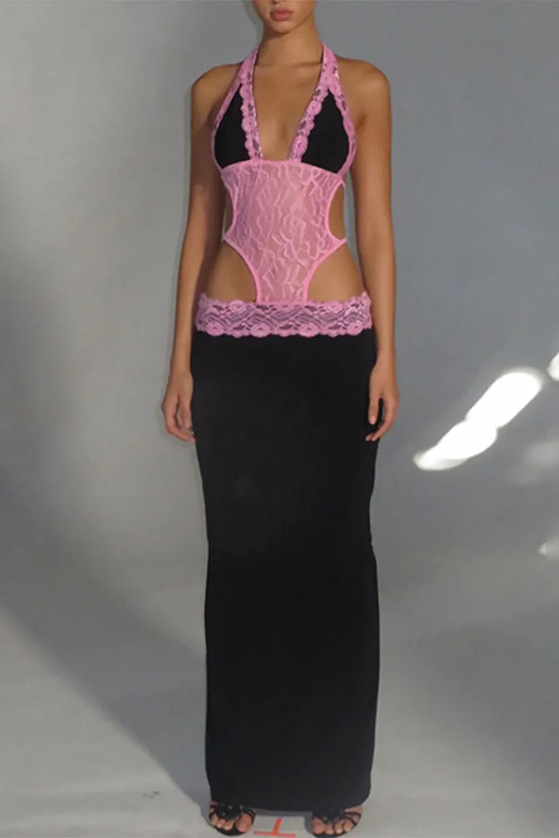 Sexy Solid Lace Hollowed Out Contrast Halter Beach Dresses