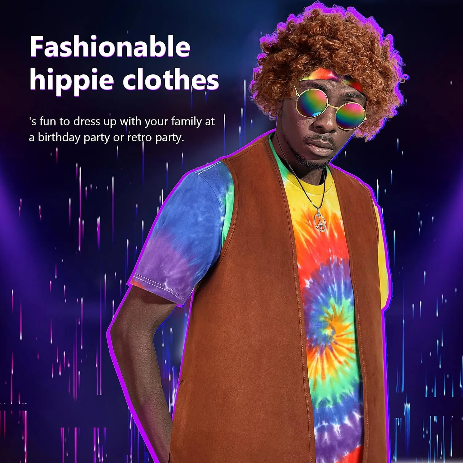 Sintuff 6 Pcs Men's Hippie Costume Set Hippie Fringe Vest Accessories for 60 70s Carnival Party Halloween Outfits