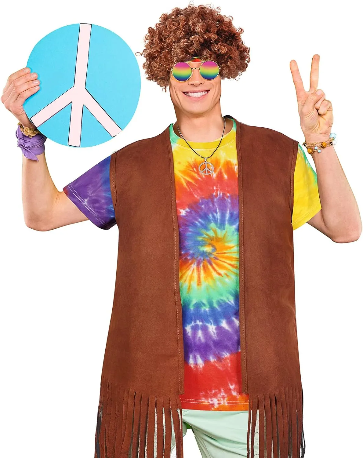 Sintuff 6 Pcs Men's Hippie Costume Set Hippie Fringe Vest Accessories for 60 70s Carnival Party Halloween Outfits