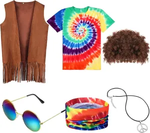 Sintuff 6 Pcs Men's Hippie Costume Set Hippie Fringe Vest Accessories for 60 70s Carnival Party Halloween Outfits