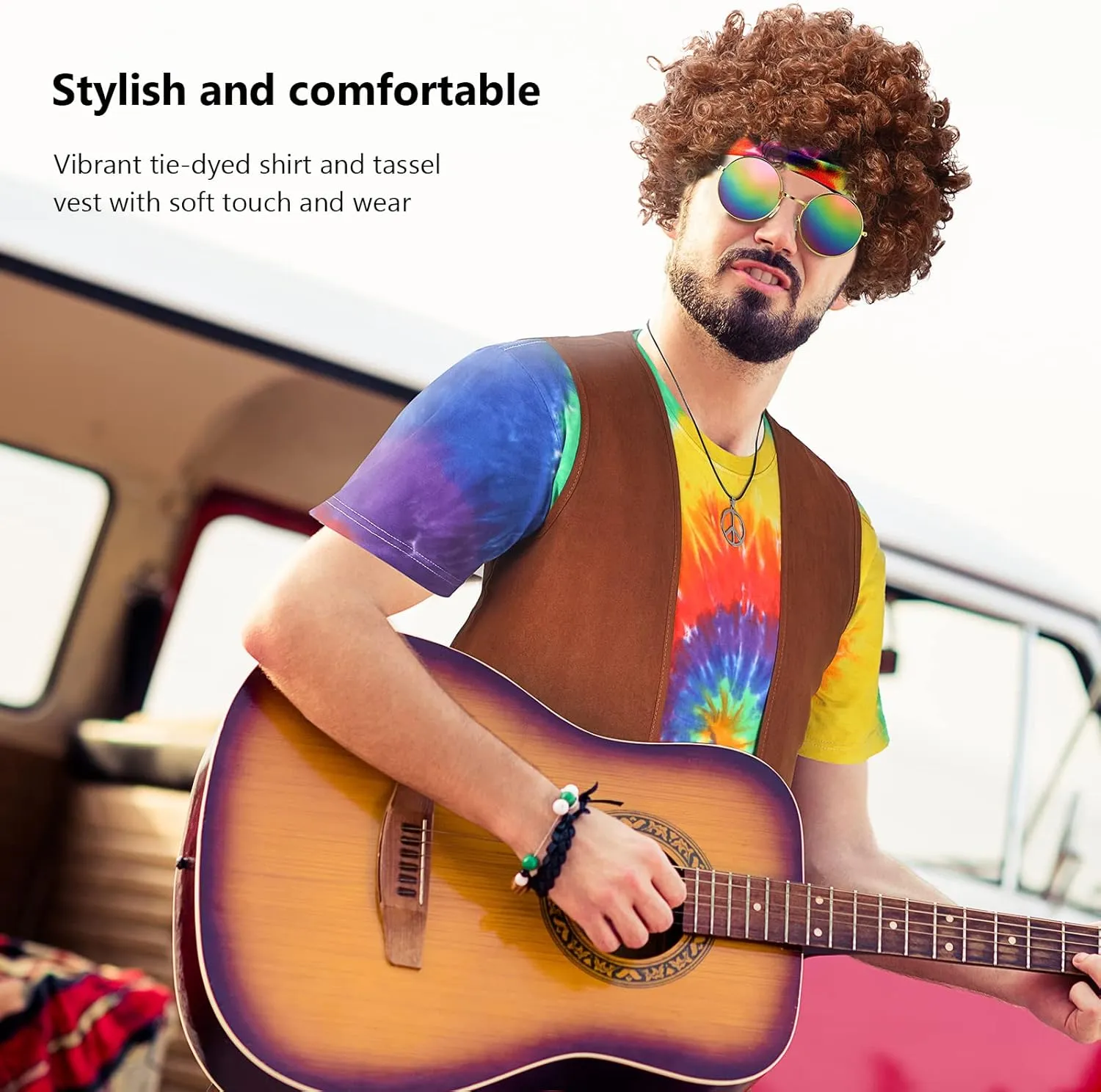 Sintuff 6 Pcs Men's Hippie Costume Set Hippie Fringe Vest Accessories for 60 70s Carnival Party Halloween Outfits