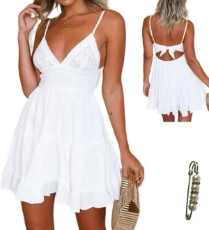 Sleeveless Sexy V Neck Backless Dress Bow Tie Swing Mini Short Flowy Dress Spaghetti Strap Dresses for Women