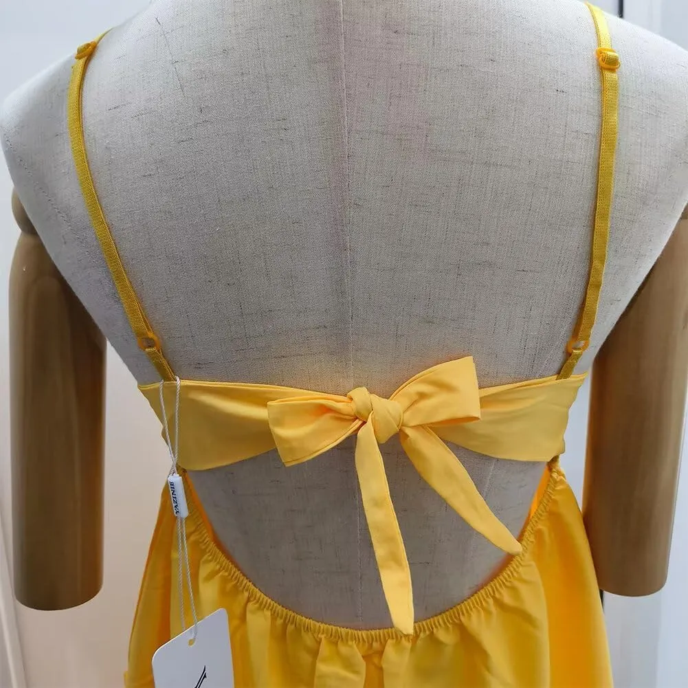 Sleeveless Sexy V Neck Backless Dress Bow Tie Swing Mini Short Flowy Dress Spaghetti Strap Dresses for Women