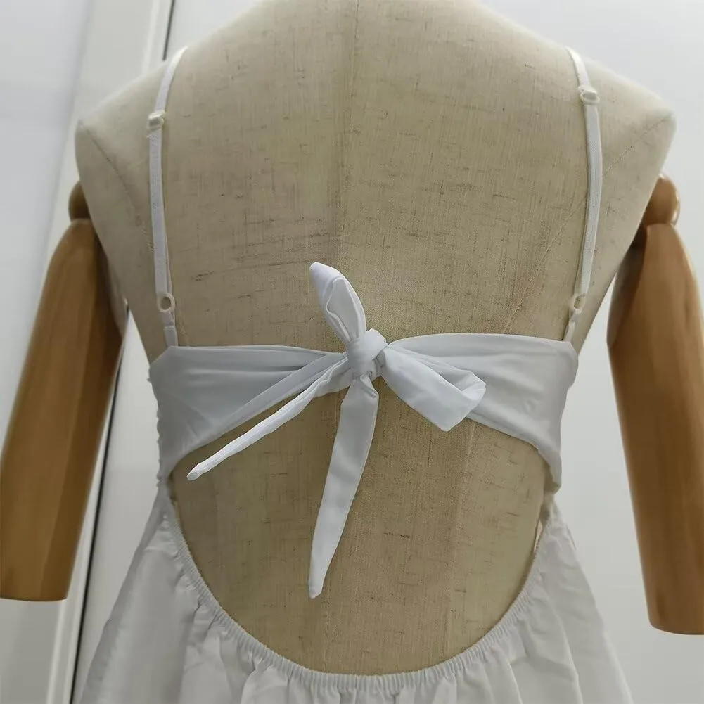 Sleeveless Sexy V Neck Backless Dress Bow Tie Swing Mini Short Flowy Dress Spaghetti Strap Dresses for Women