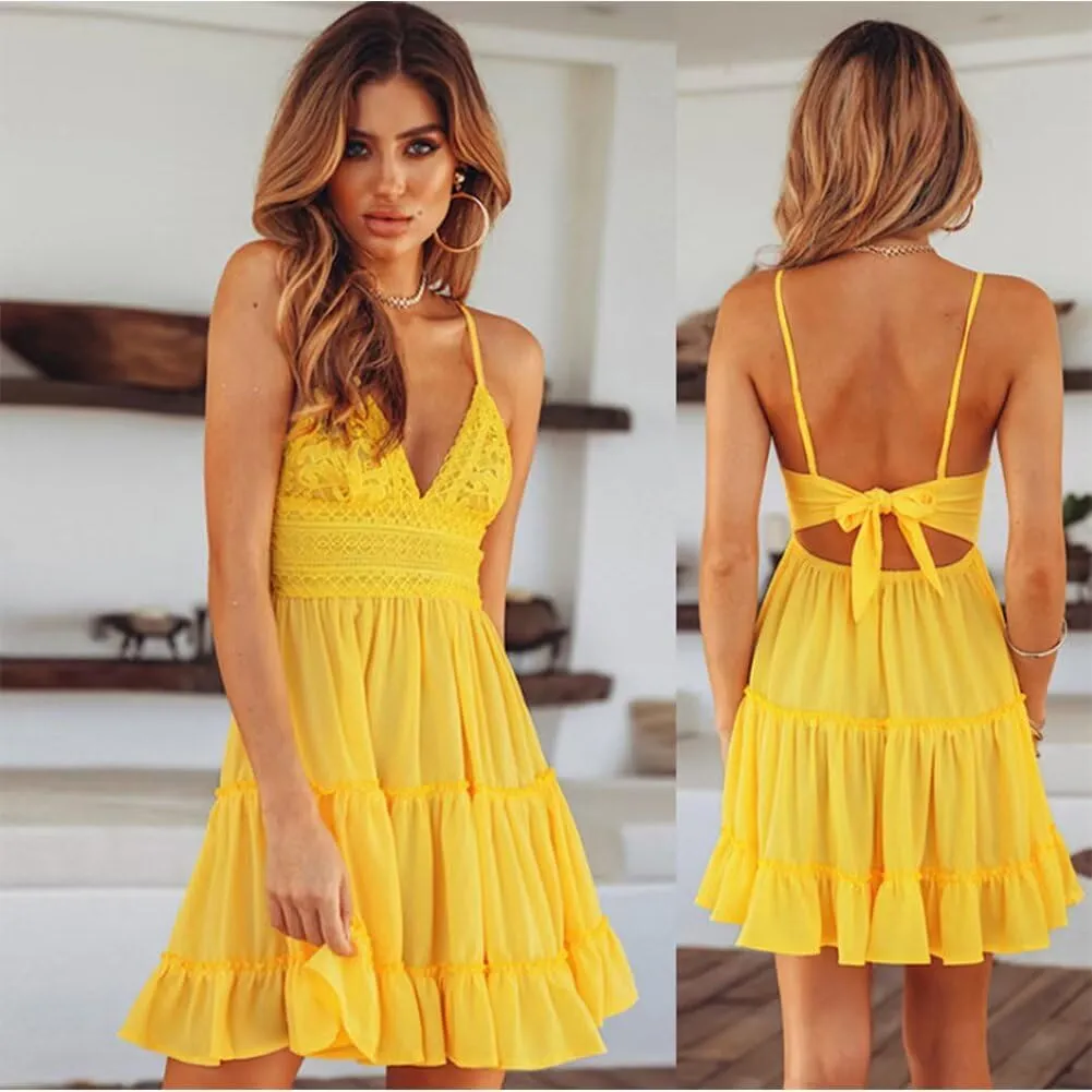 Sleeveless Sexy V Neck Backless Dress Bow Tie Swing Mini Short Flowy Dress Spaghetti Strap Dresses for Women