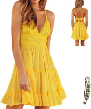 Sleeveless Sexy V Neck Backless Dress Bow Tie Swing Mini Short Flowy Dress Spaghetti Strap Dresses for Women