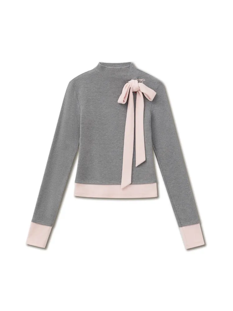 Spliced Embroidered Bow Knit Blouse