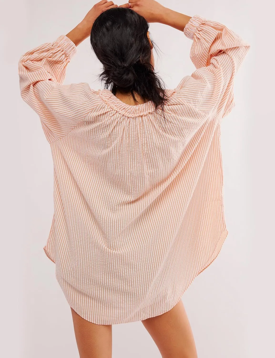 Striped Tunic for Women Dressy Casual Loose Fit Blouses Tops Long Sleeve Scoop Neck Bow Tie Shirt
