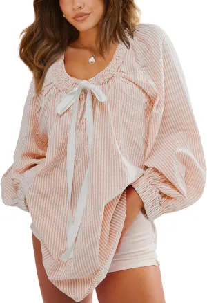 Striped Tunic for Women Dressy Casual Loose Fit Blouses Tops Long Sleeve Scoop Neck Bow Tie Shirt