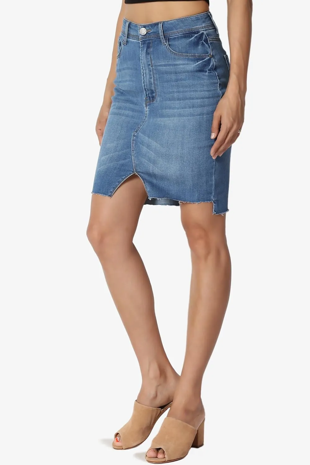 TheMogan Vintage Washed Jean Slim Straight Cut Mini Stretch Soft Denim Skirt