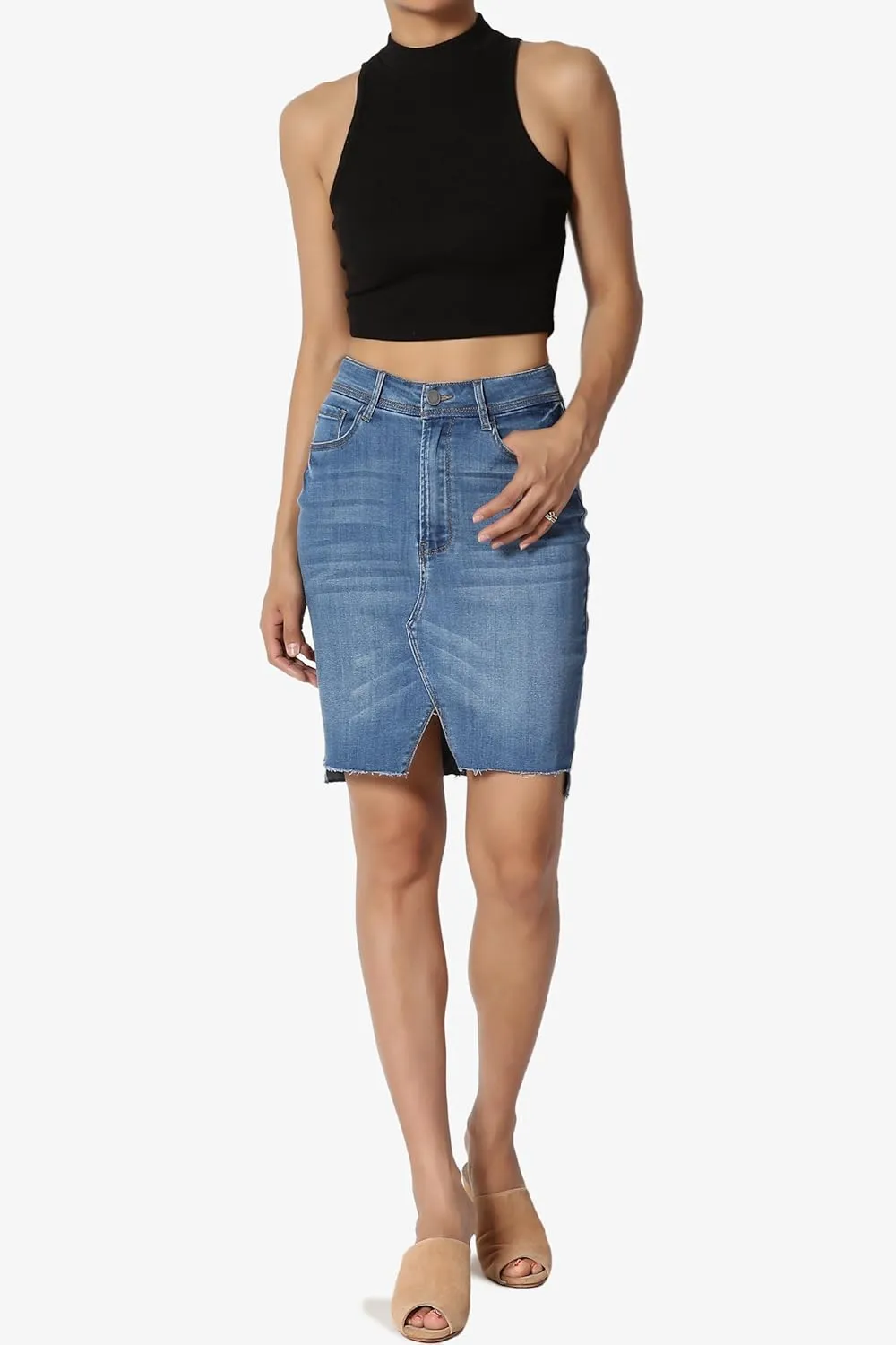 TheMogan Vintage Washed Jean Slim Straight Cut Mini Stretch Soft Denim Skirt