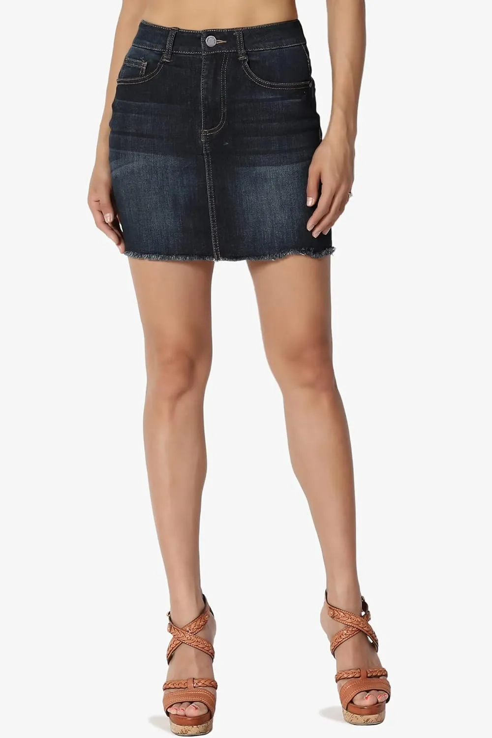 TheMogan Vintage Washed Jean Slim Straight Cut Mini Stretch Soft Denim Skirt